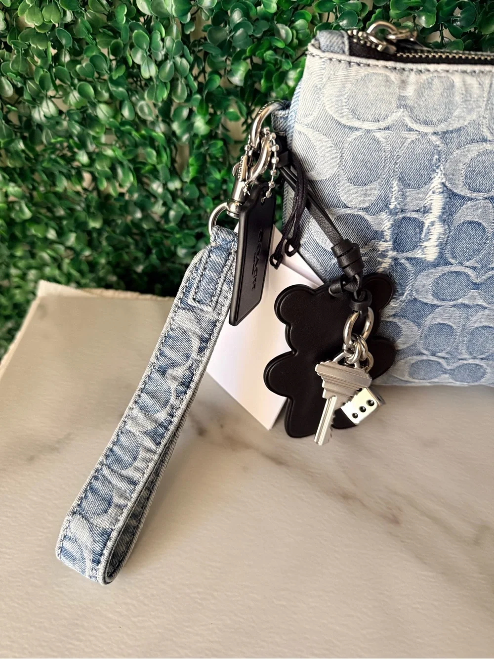 Coach Light Blue Distressed Denim Signature Wristlet Pouch with Charms NWT